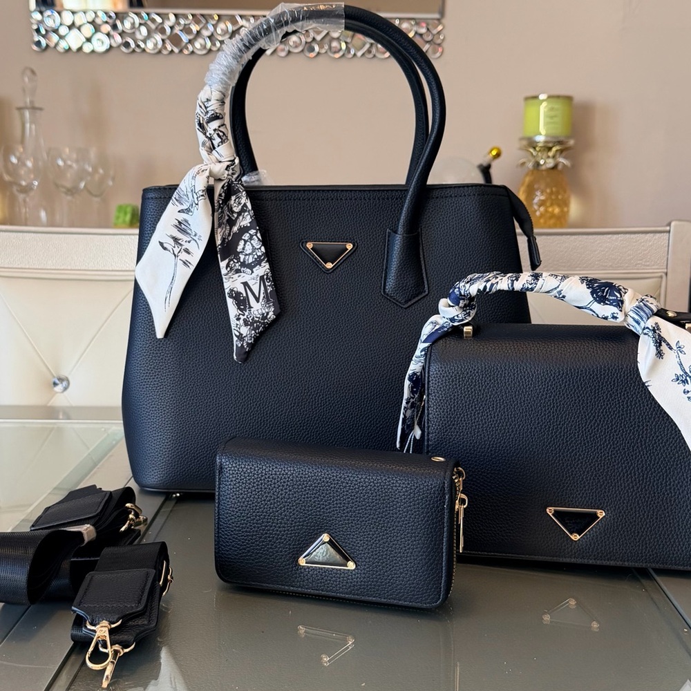 Stylish Black Handbag Set with Scarves